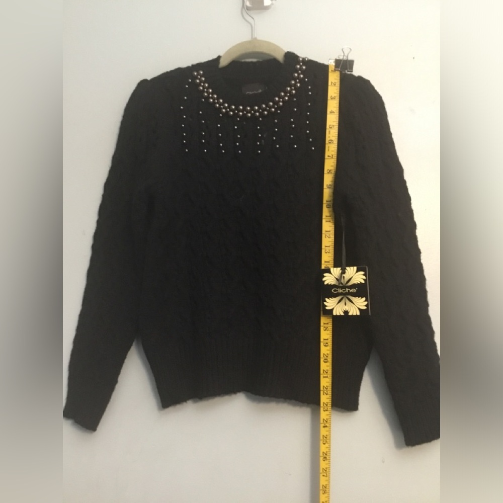 Cliche Black Beaded Cable Knit Crewneck Sweater